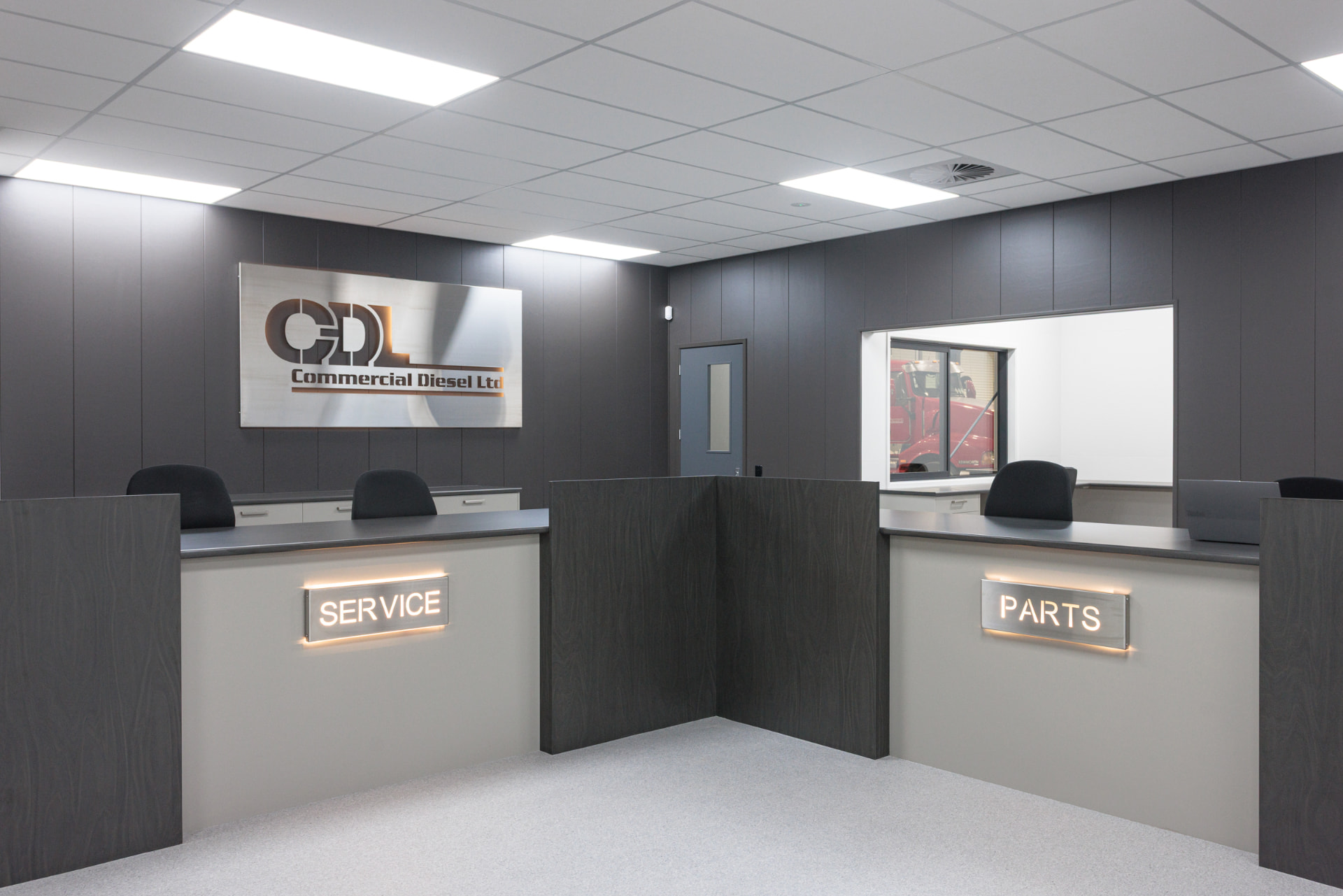 Service and Parts reception counters inside the Commercial Diesel Ltd building